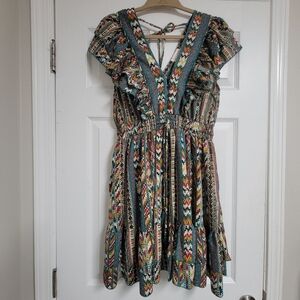 Antropologie Boemo Aztec Soutwestern Ruffle Short Skeeve Boho Mini Dress.